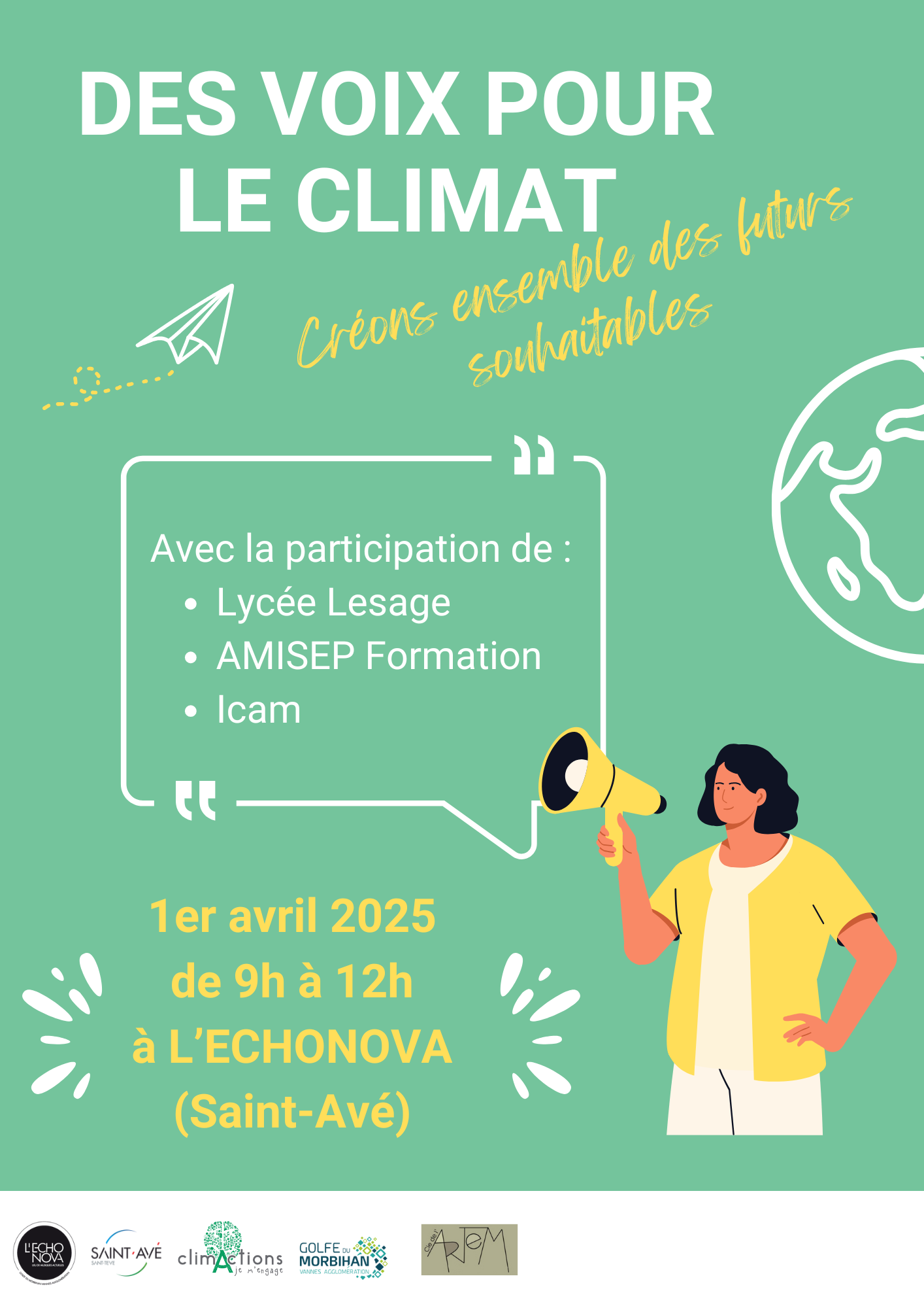 Affiche promotionnelle des voix pour le climat avec illustration d'un personnage qui tient un megaphone